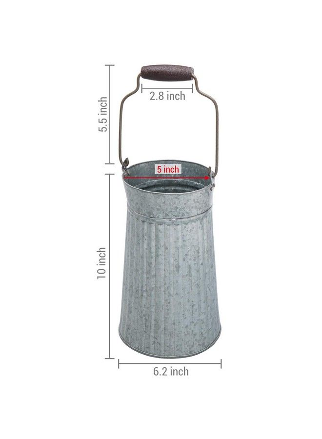 Galvanized Silver Metal Vase For Table Rustic Farmhouse Flower Bucket With Mango Wood Handle Handcrafted In India