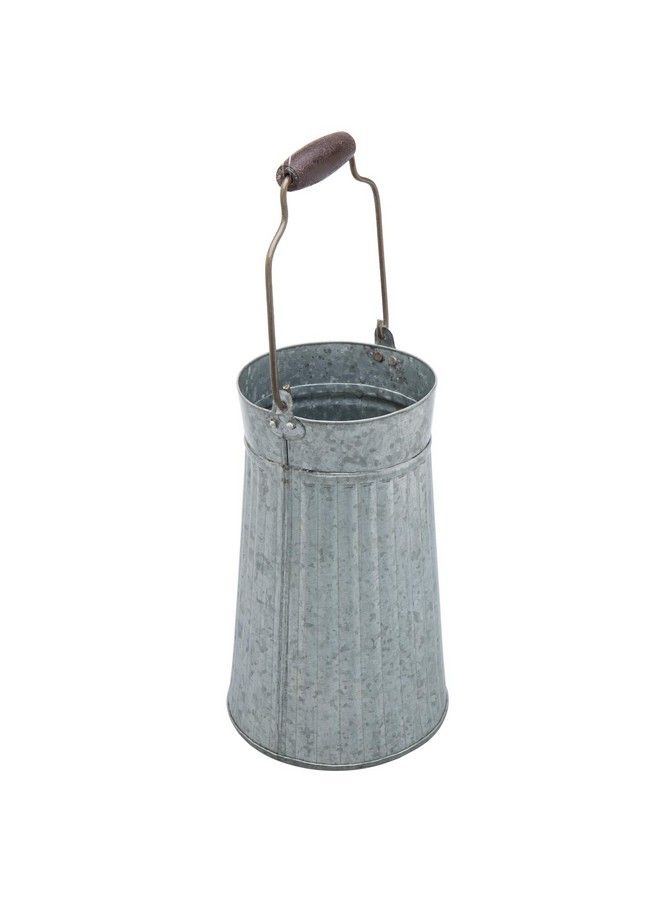 Galvanized Silver Metal Vase For Table Rustic Farmhouse Flower Bucket With Mango Wood Handle Handcrafted In India