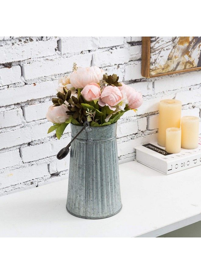 Galvanized Silver Metal Vase For Table Rustic Farmhouse Flower Bucket With Mango Wood Handle Handcrafted In India