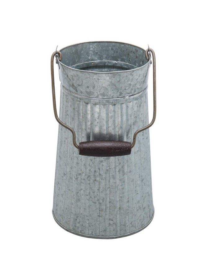 Galvanized Silver Metal Vase For Table Rustic Farmhouse Flower Bucket With Mango Wood Handle Handcrafted In India