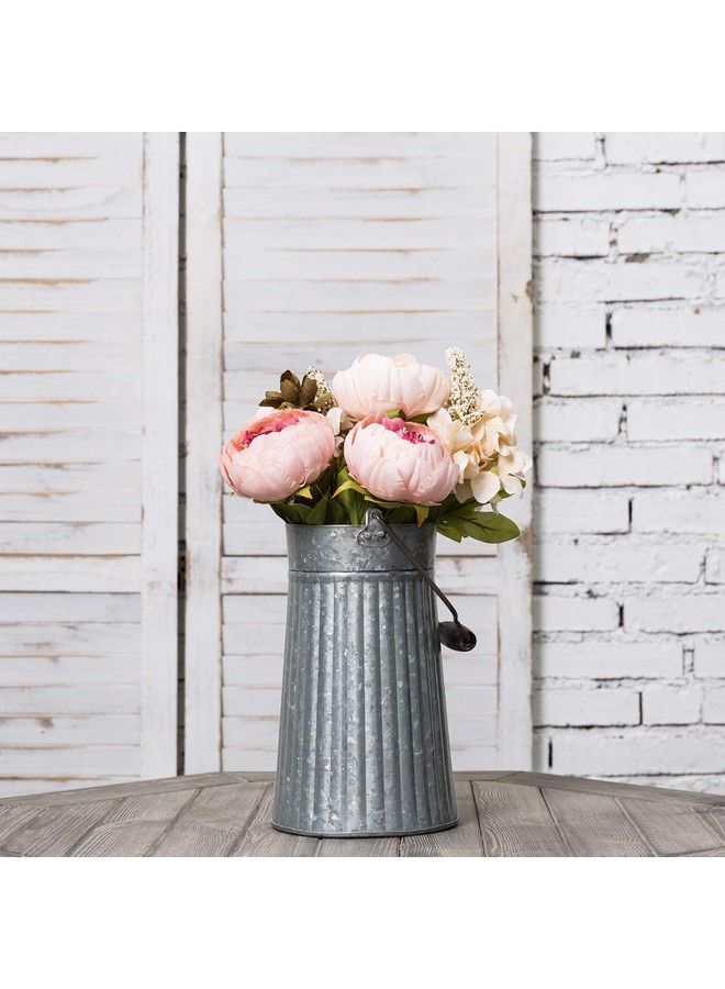 Galvanized Silver Metal Vase For Table Rustic Farmhouse Flower Bucket With Mango Wood Handle Handcrafted In India