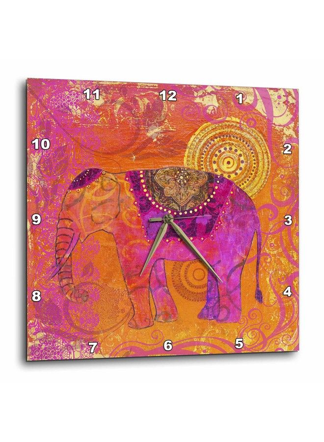 Ethnic Inspired Elephant Painting In Orange And Pink Wall Clock 15X15