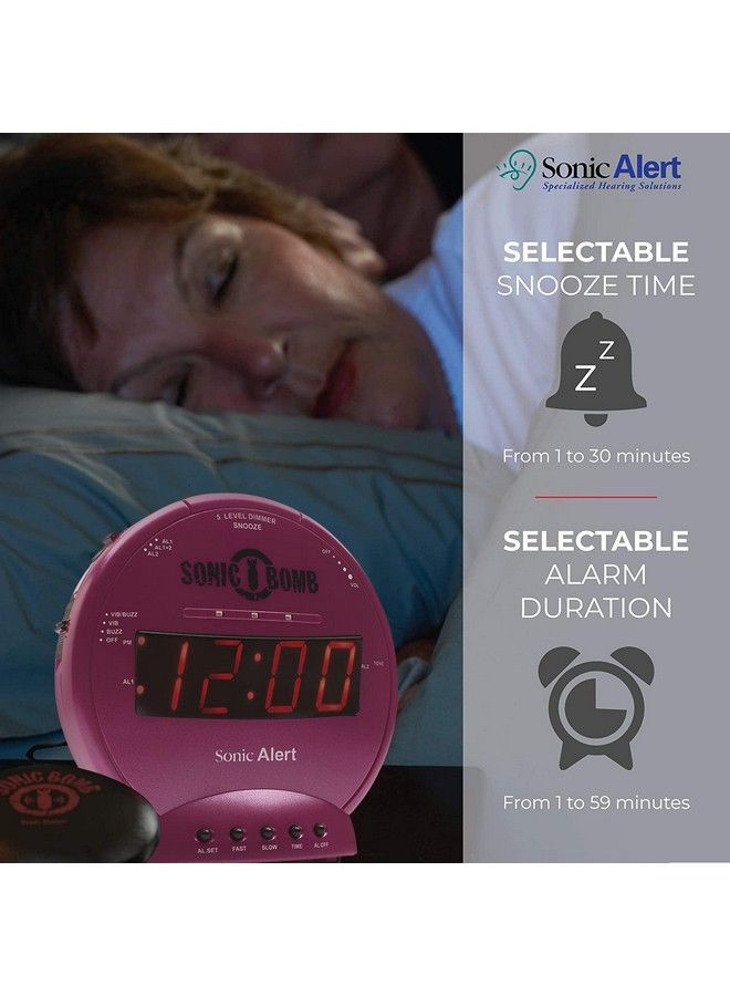 Sonic Bomb Dual Alarm Clock With Bed Shaker Pink Vibrating Alarm Clock Heavy Sleepers Battery Backup ; Wake With A Shake