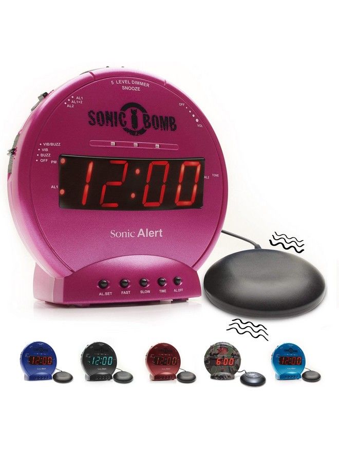 Sonic Bomb Dual Alarm Clock With Bed Shaker Pink Vibrating Alarm Clock Heavy Sleepers Battery Backup ; Wake With A Shake