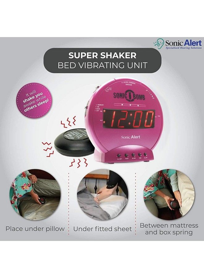 Sonic Bomb Dual Alarm Clock With Bed Shaker Pink Vibrating Alarm Clock Heavy Sleepers Battery Backup ; Wake With A Shake