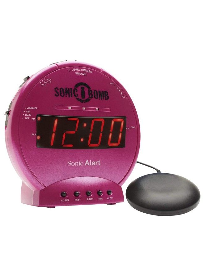 Sonic Bomb Dual Alarm Clock With Bed Shaker Pink Vibrating Alarm Clock Heavy Sleepers Battery Backup ; Wake With A Shake