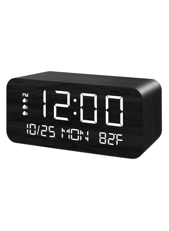 Digital Alarm Clock With Wooden Electronic Led Time Display 3 Alarm Settings 10W Wireless Charging Day Of The Week Temperature Detect Wood Made Digital Clocks For Office Bedroom Bedside Black