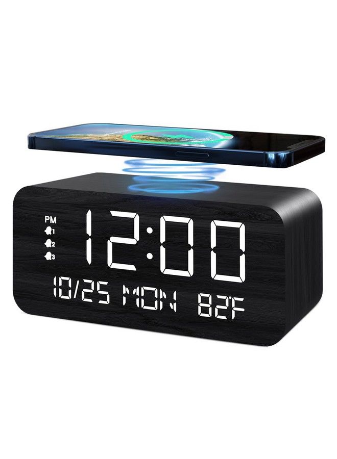 Digital Alarm Clock With Wooden Electronic Led Time Display 3 Alarm Settings 10W Wireless Charging Day Of The Week Temperature Detect Wood Made Digital Clocks For Office Bedroom Bedside Black