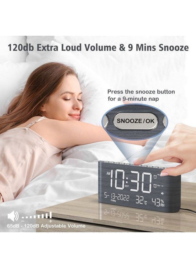 Digital Wooden Alarm Clock With Dual Alarmweekday Weekend Modeadjustable Volumehumidity & Temperature Detect2100% Dimmer12 24Hsnooze2 Usb Chargersbattery Backup Loud Alarm Clock For Bedroom