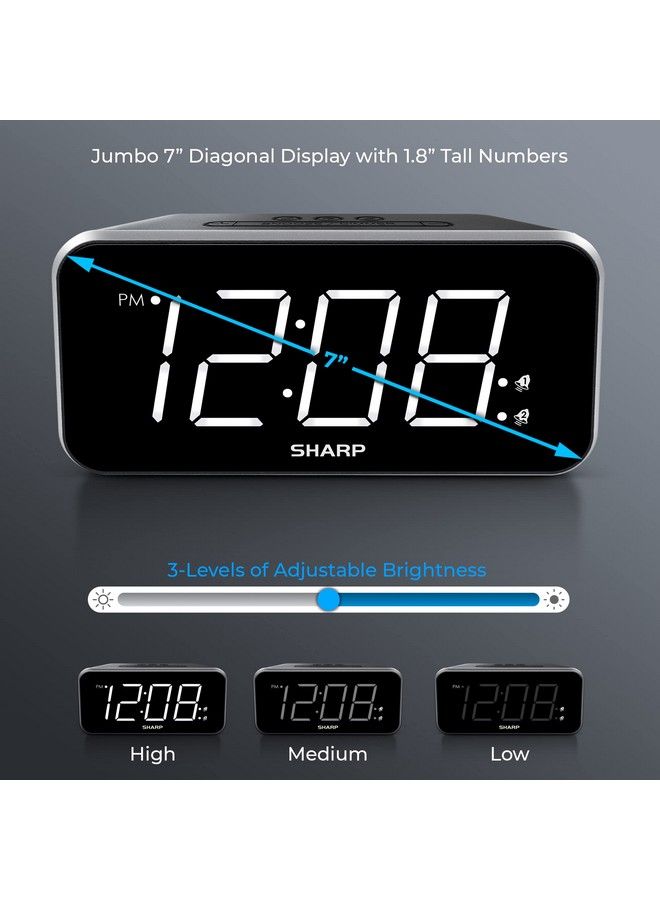 Alarm Clock Jumbo Easy To Read Display 3 Step Dimmer Control Dual Alarms Battery Backup Black With White Led