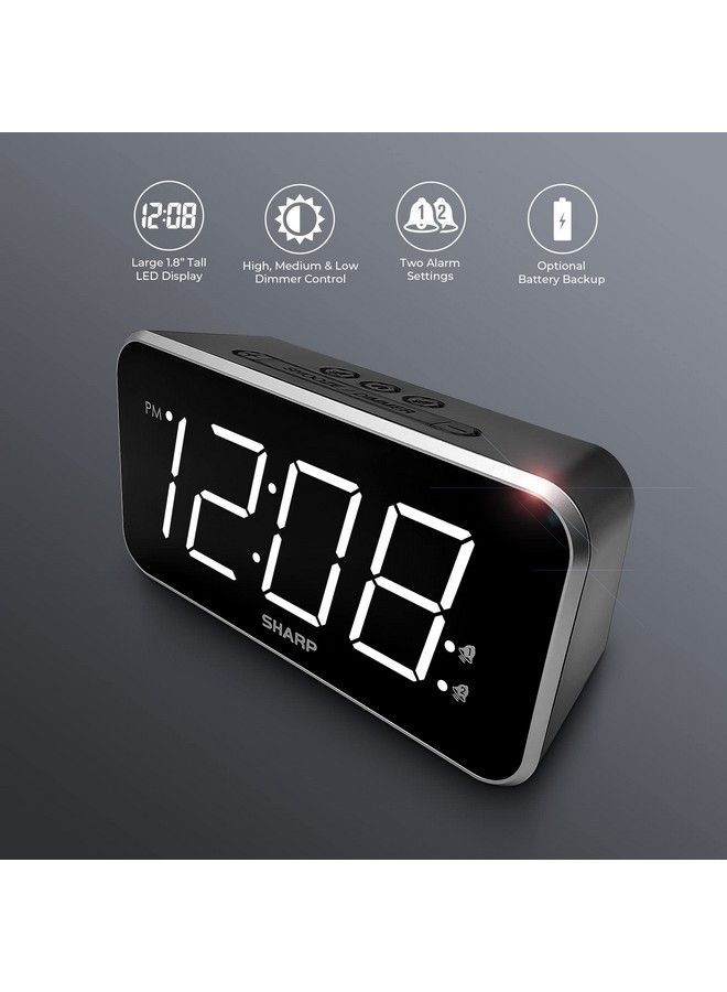 Alarm Clock Jumbo Easy To Read Display 3 Step Dimmer Control Dual Alarms Battery Backup Black With White Led