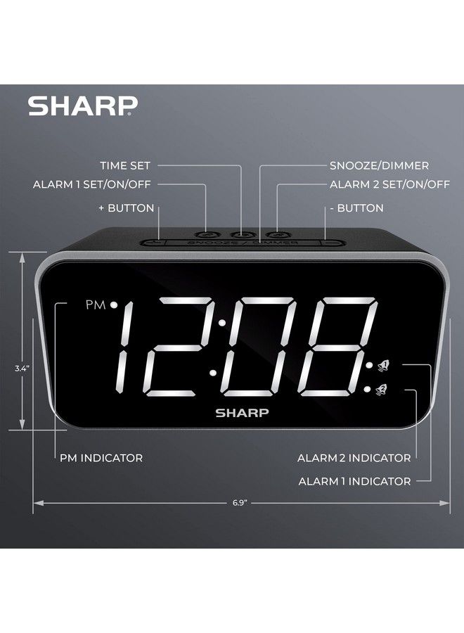 Alarm Clock Jumbo Easy To Read Display 3 Step Dimmer Control Dual Alarms Battery Backup Black With White Led