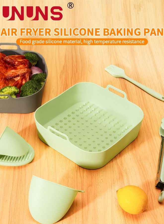 Air Fryer Silicone Pan,6Pcs 8 Inch Silicone Square Air Fryer Accessories,Reusable Air Fryer Basket Liners For With 2 Silicone Hand Clips,1 Brush,1 Food Clip