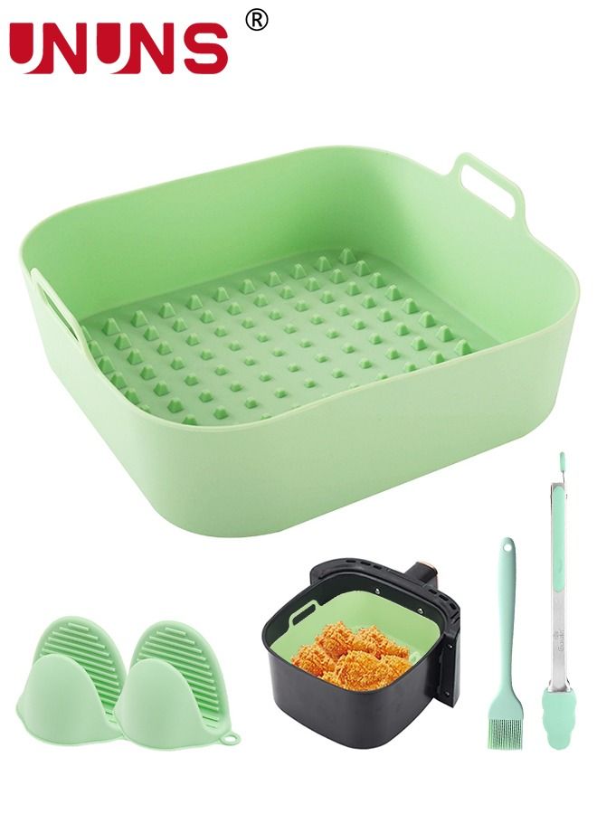 Air Fryer Silicone Pan,6Pcs 8 Inch Silicone Square Air Fryer Accessories,Reusable Air Fryer Basket Liners For With 2 Silicone Hand Clips,1 Brush,1 Food Clip