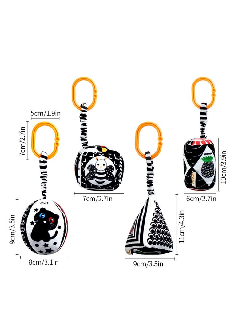 Baby Hanging Rattle Toys, 4 Pack Car Seat Stroller Toys Soft Squeaky Toys for Baby 0-6 Months Newborn Infant Car Bed Travel Activity, White and Black