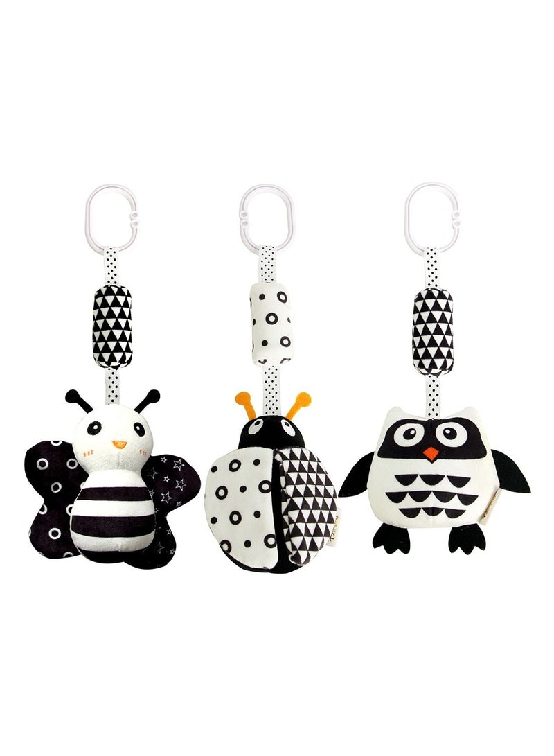 3 Pack Hanging Rattle Toys, High Contrast Baby Toys and Plush Stroller Toys for Babies 0-18 Months, Newborn Car Seat Toys with Black and White Cartoon Shapes (Ladybug,Bee & Owl)