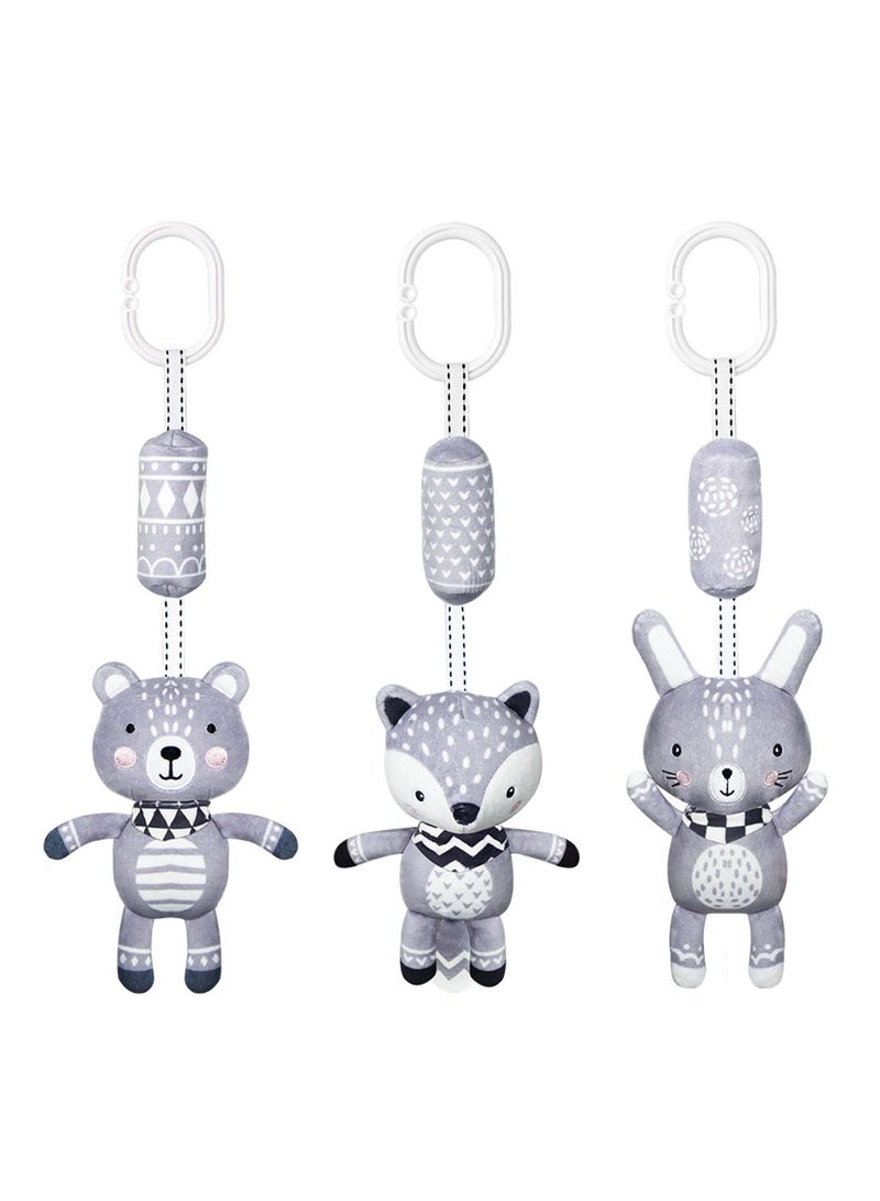 3 Pack Hanging Rattle Toys, Cartoon White Black Stuffed Stroller Plush Toys for Newborn 0-18 Month, Baby Bed Crib Toys with Wind Chimes