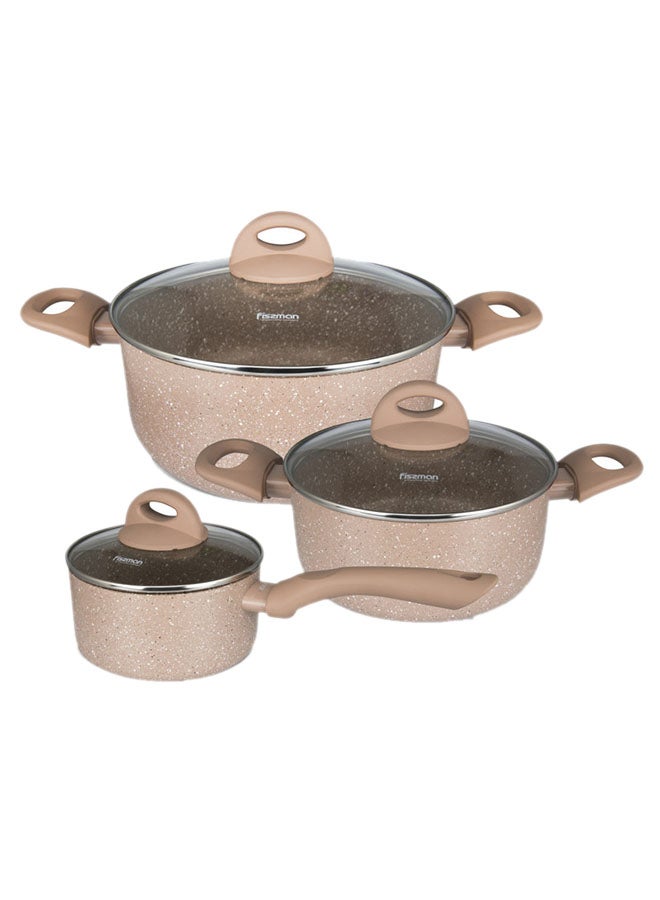 6-Piece Aluminum Non-Stick Touch Stone Coating And Induction Bottom Cookware With Glass Lid Set Latte Series Saucepan 16x8cm/1.5Ltr,Casserole 20x9cm/2.8Ltr,Casserole 24x11cm Beige 4.9Liters