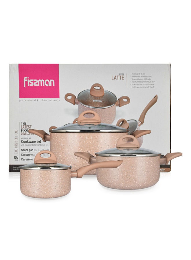 6-Piece Aluminum Non-Stick Touch Stone Coating And Induction Bottom Cookware With Glass Lid Set Latte Series Saucepan 16x8cm/1.5Ltr,Casserole 20x9cm/2.8Ltr,Casserole 24x11cm Beige 4.9Liters