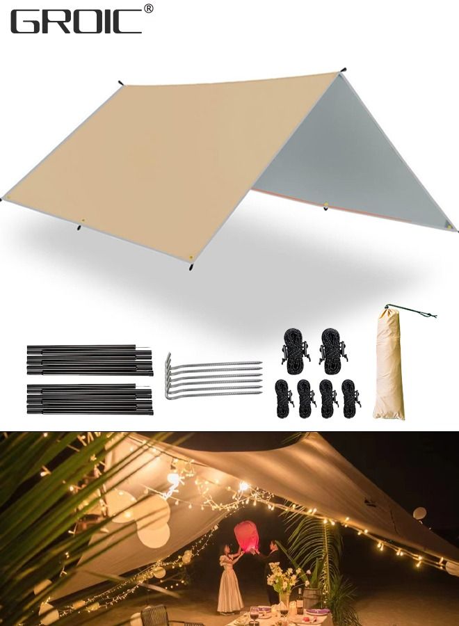 3*3M Camping Tarp and Pole Kit, Waterproof, Lightweight for Camping,Camping tarp with Poles, 3*3M Camping tarp+ 6 Ground Nails+ 6 Wind Rope+ 1 Set of Ultralight Aluminum Pole+ Outsourcing