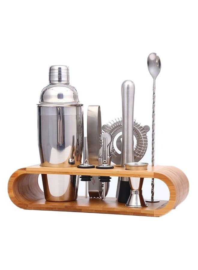 9-Piece Bartender Cocktail Shaker Set With Stand Silver/Brown 1000ml