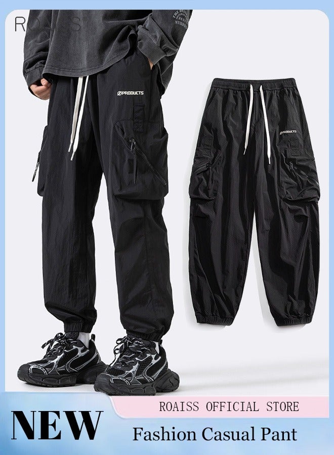 Men's Loose Casual Cargo Pants Fashionable Versatile Multi Pocket Ankle Tightening Pants Elastic Waist Drawstring Buckle Sports Pants