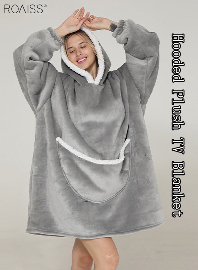 Women's Warm Plush Hooded Sweatshirt Facecloth Tv Tv Blanket Large Pockets Warm Pullover Pajamas