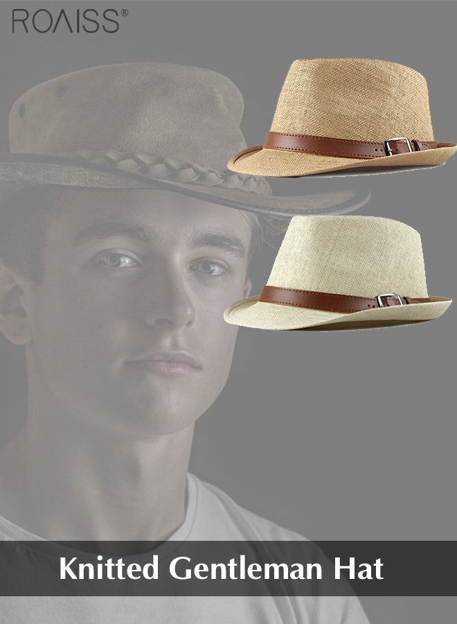 2-Piece Straw Woven Gentlemen's Hat Pu Leather Decorative Sunshade Retro Jazz Hat Summer Comfortable And Breathable Fashion Hat