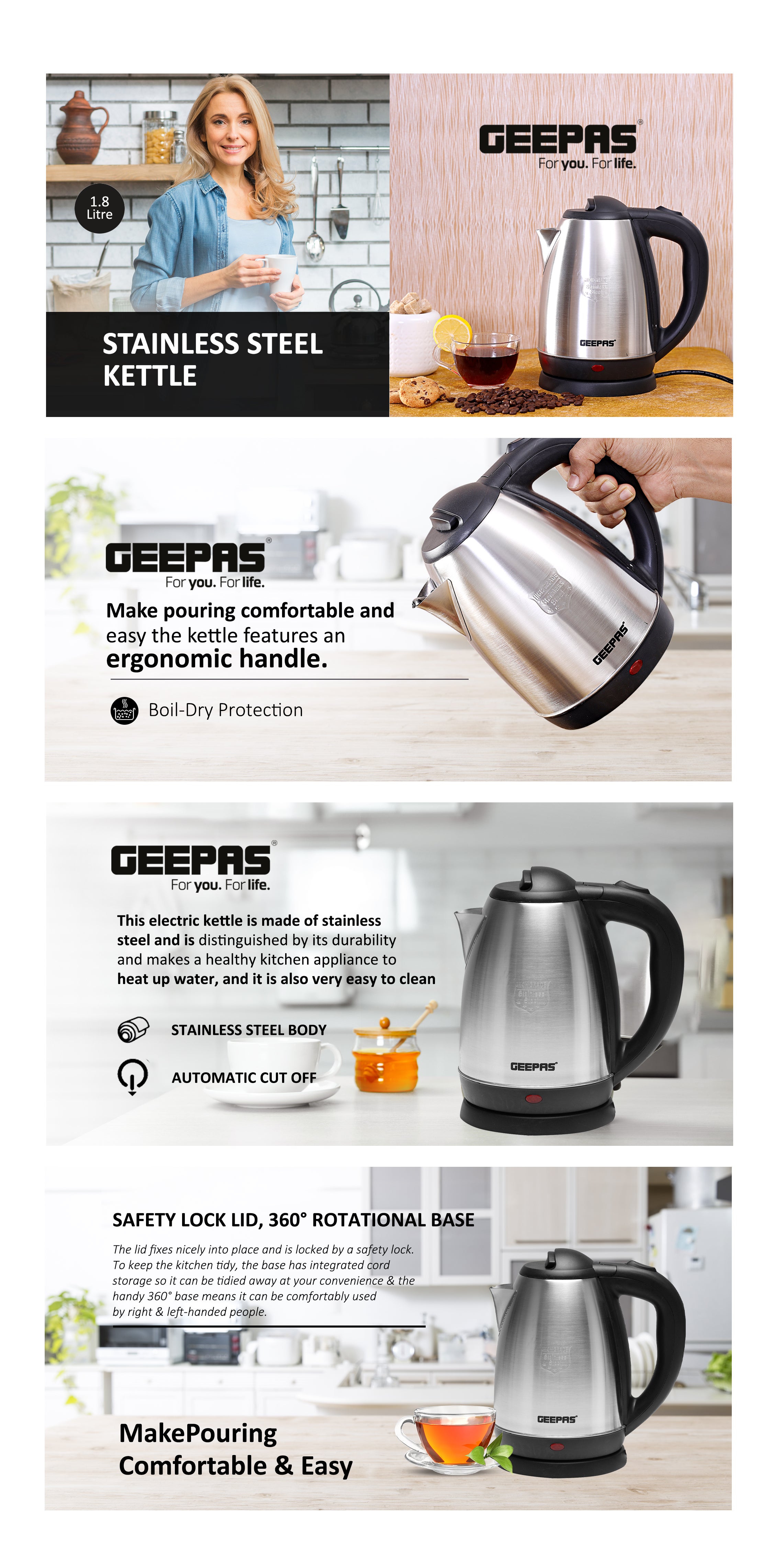 Electric Tea Kettle 1.8 L, Auto Shut Off And Boil Dry Protection, Safety Lock Lid, 360 Degree Rotational Base, Stainless Steel, Ergonomic Handle, Perfect Pour, Large Capacity 1.8 L 1500 W GK5454B Silver/Black