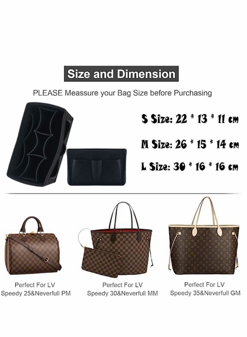 Purse Organizer Insert, Women Felt Bag Multi-Pocket in for Womens Handbag Travel Tote Hobo Storage Liner Divider Any Brand Tote, Black, L Size