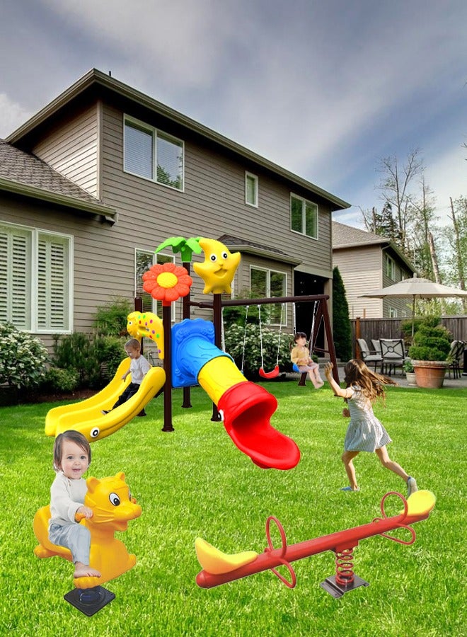 Plastic Durable Swing Slide Set With Seesaw Rocking Horse Children's Outdoor Playground For 3-12 Years