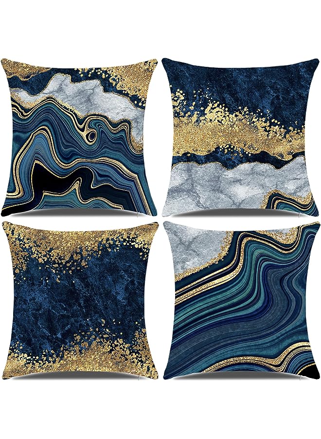 Pillow Covers, Navy Blue and Gold Marble Throw Pillow Cover,18x18 Square Blue Cushion Cover, Abstract Throw Pillows Case, Sofa Living Room Couch Home Decor Pillowcase Set of 4