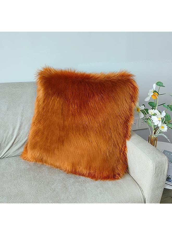 Fur Throw Pillow Covers 18x18 Inch Luxury Long Fur Mongolian Fluffy Soft Cushion Cover Plush Square Floor Pillow Case for Couch Bedroom Sofa Chair 45x45CM (Red Brown)