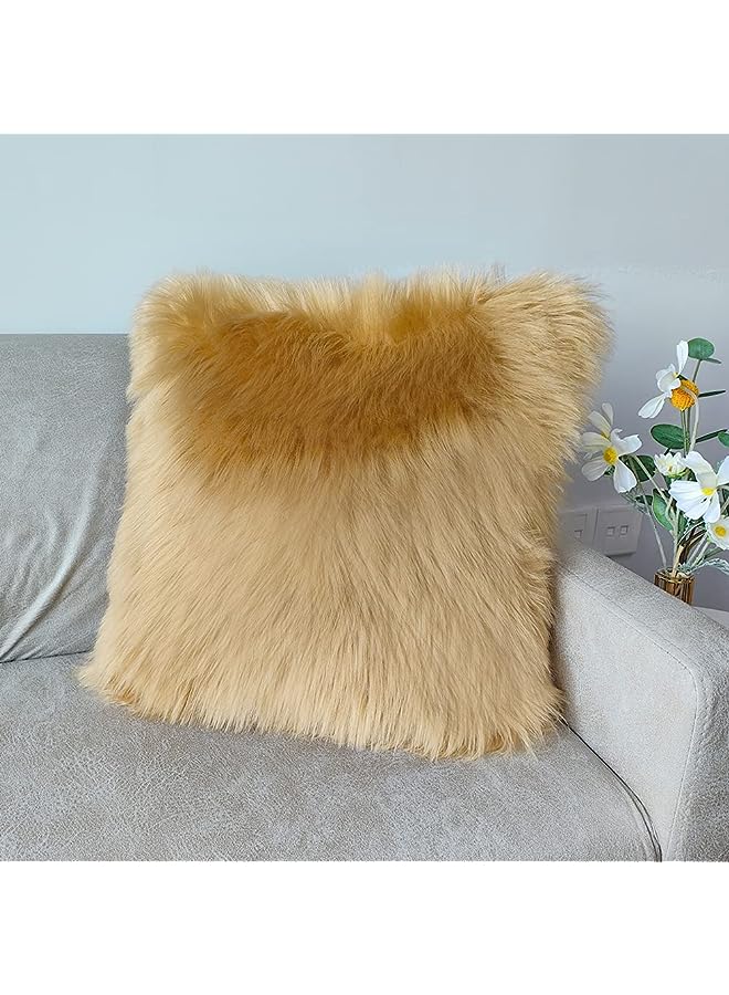 Fur Throw Pillow Covers 18x18 Inch Luxury Long Fur Mongolian Fluffy Soft Cushion Cover Plush Square Floor Pillow Case for Couch Bedroom Sofa Chair 45x45CM (Brown Yellow)