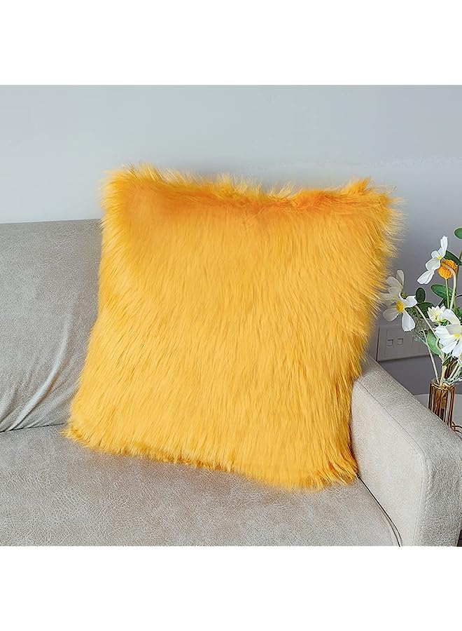 Fur Throw Pillow Covers 18x18 Inch Luxury Long Fur Mongolian Fluffy Soft Cushion Cover Plush Square Floor Pillow Case for Couch Bedroom Sofa Chair 45x45CM (Bridge Yellow)