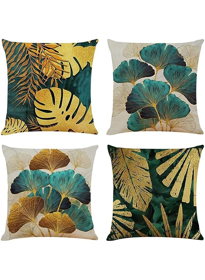 Covers, Throw Pillow Covers, Linen Square Throw Pillow Covers, Couch Bed Pillowcases, Green, Gold Leaves, for Living Room Sofa, 45cm x 45cm (18x18 inch) 4 PCS