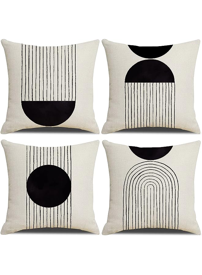 Boho Pillow Covers 18x18 Set of 4, Mid Century Modern Arch Sun Decor Cotton Linen Throw Pillow Cover Decorative Boho Cushion Cover with Zipper, Black and White