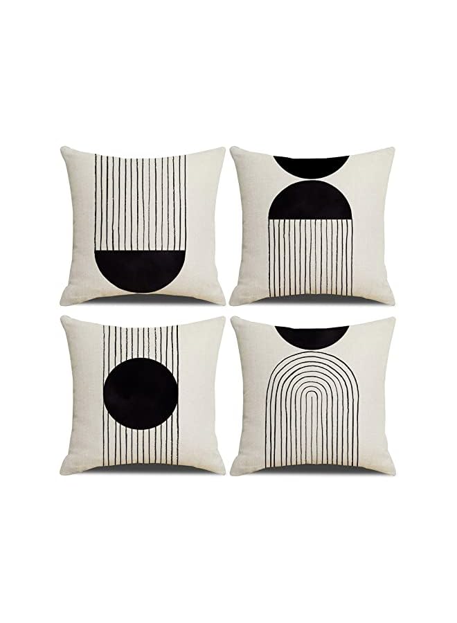 Boho Pillow Covers 18x18 Set of 4, Mid Century Modern Arch Sun Decor Cotton Linen Throw Pillow Cover Decorative Boho Cushion Cover with Zipper, Black and White