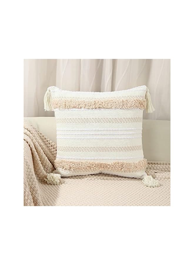 Cushion Cover 45x45 - Throw Pillow Cover . Bohemian Decor Cushion Tassel . Decorative Pillowcase Woven Throw Tufted for Home Boho Decor ( Beige）