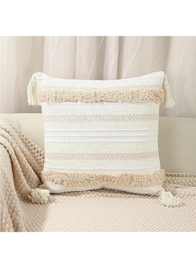 Cushion Cover 45x45 - Throw Pillow Cover . Bohemian Decor Cushion Tassel . Decorative Pillowcase Woven Throw Tufted for Home Boho Decor ( Beige）