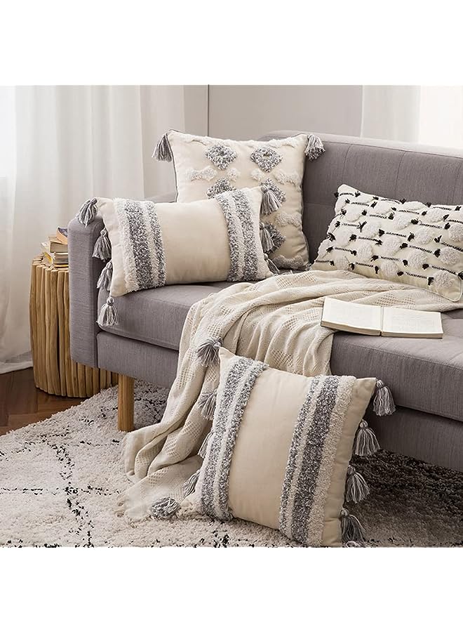 Boho Cushion Cover 45x45cm Handcrafted Throw Pillow Cover Boho Decor Cushion Tassel Decorative Pillowcase Woven Throw Tufted for Home Bohemian Decor (Grey - Beige)