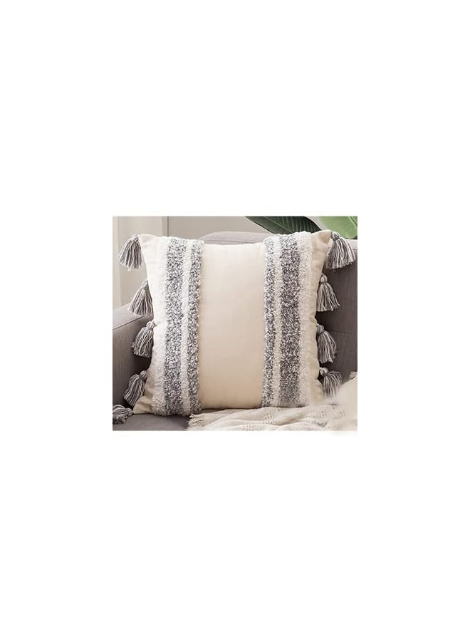 Boho Cushion Cover 45x45cm Handcrafted Throw Pillow Cover Boho Decor Cushion Tassel Decorative Pillowcase Woven Throw Tufted for Home Bohemian Decor (Grey - Beige)