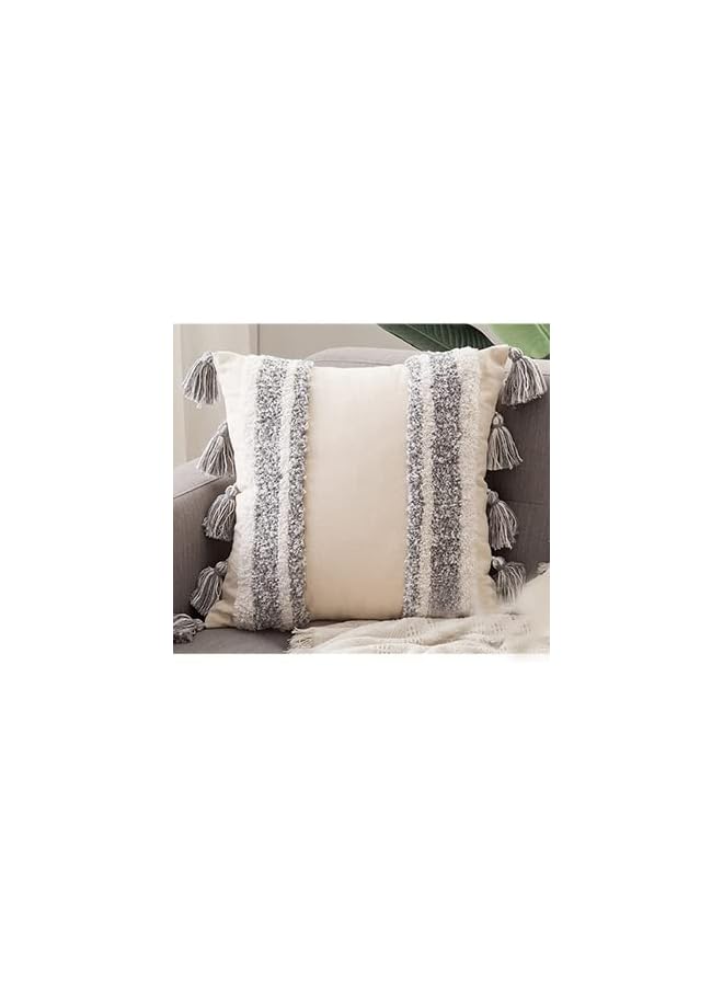 Boho Cushion Cover 45x45cm Handcrafted Throw Pillow Cover Boho Decor Cushion Tassel Decorative Pillowcase Woven Throw Tufted for Home Bohemian Decor (Grey - Beige)