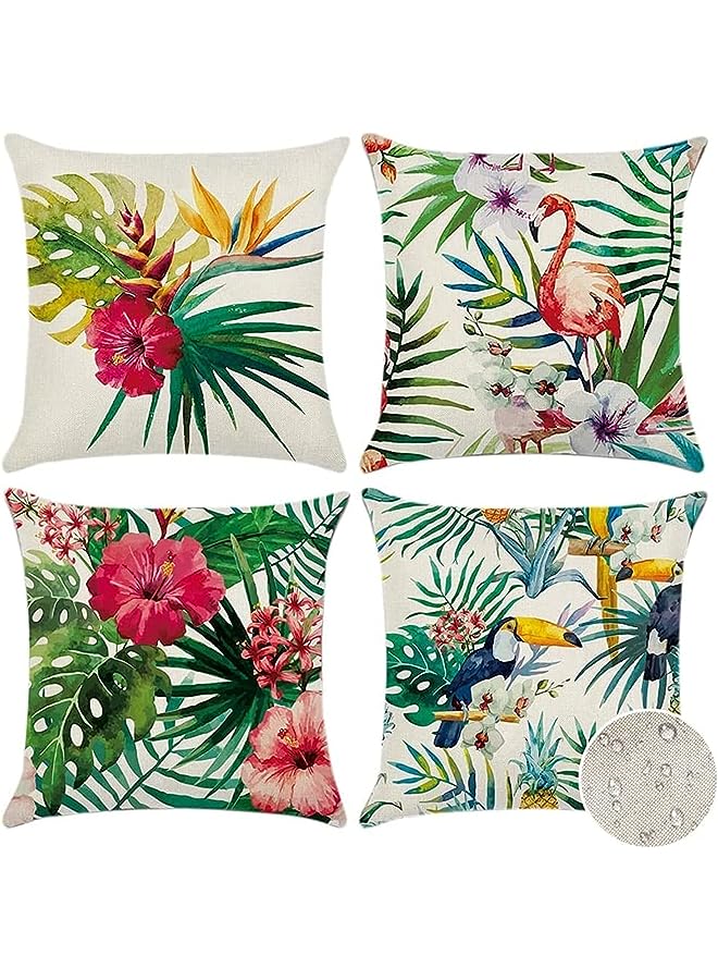 Throw Pillow Covers, Set of 4 18x18 Inches, Tropical Plants and Flowers and Birds Pattern Waterproof Cushion Covers, Perfect to Outdoor Patio Garden Living Room Sofa Farmhouse Decor