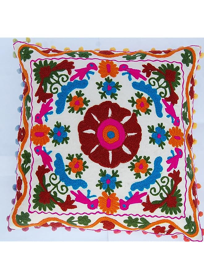 Jaipur Suzani Pillows, Embroidered Cushion Cover 16x16, Decorative Throw Pillow Case, Indian Pom Pom Outdoor Cushions, Boho Pillow Shams