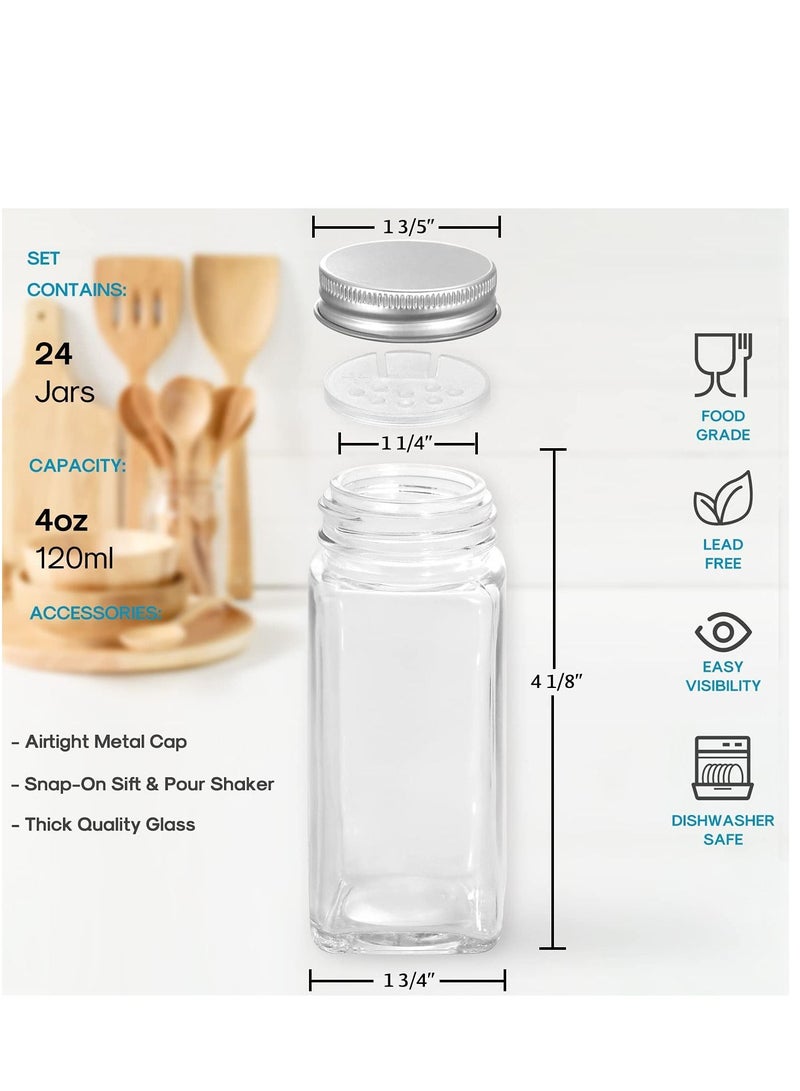 24 Pcs Glass Spice Jars with White Printed Spice Labels - 4oz Empty Square Spice Bottles - Shaker Lids and Airtight Metal Caps - Silicone Collapsible Funnel