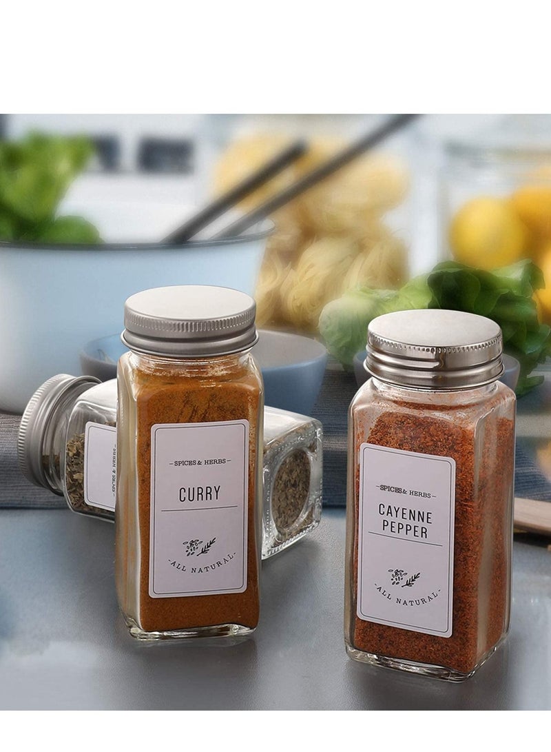 24 Pcs Glass Spice Jars with White Printed Spice Labels - 4oz Empty Square Spice Bottles - Shaker Lids and Airtight Metal Caps - Silicone Collapsible Funnel