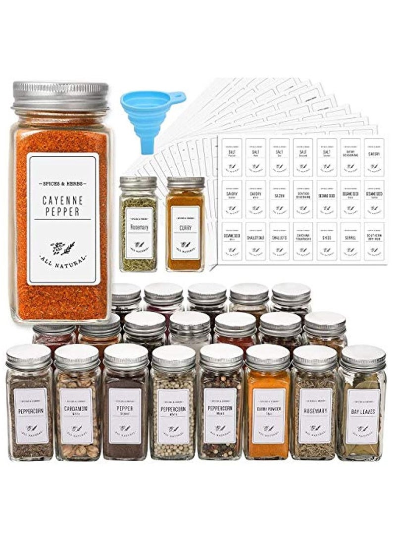 24 Pcs Glass Spice Jars with White Printed Spice Labels - 4oz Empty Square Spice Bottles - Shaker Lids and Airtight Metal Caps - Silicone Collapsible Funnel