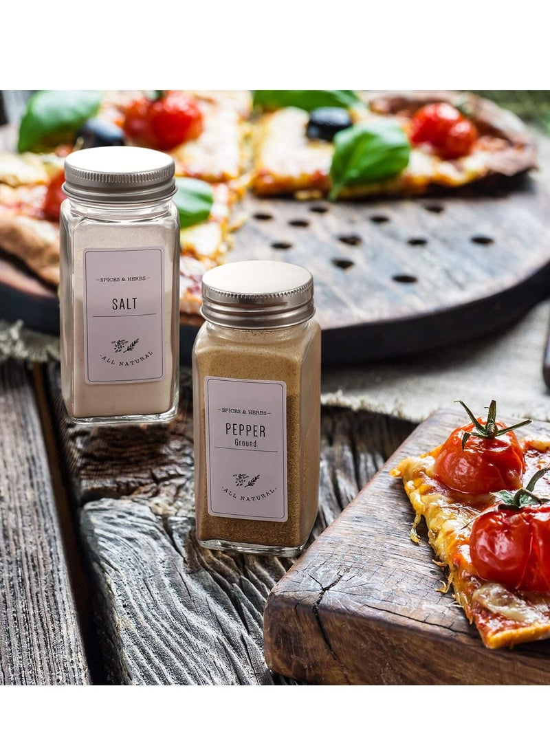 24 Pcs Glass Spice Jars with White Printed Spice Labels - 4oz Empty Square Spice Bottles - Shaker Lids and Airtight Metal Caps - Silicone Collapsible Funnel