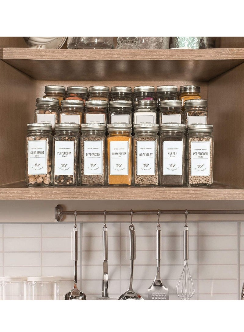 24 Pcs Glass Spice Jars with White Printed Spice Labels - 4oz Empty Square Spice Bottles - Shaker Lids and Airtight Metal Caps - Silicone Collapsible Funnel